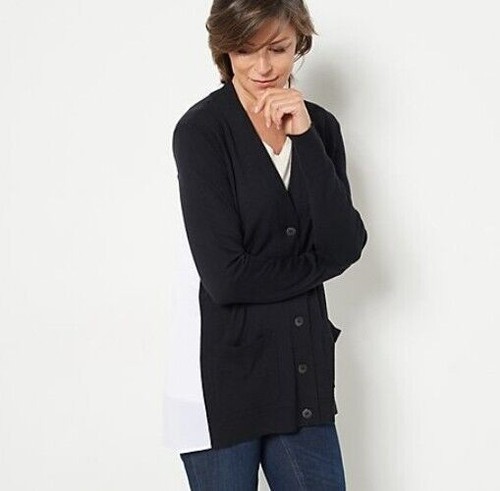 Isaac Mizrahi Live! Elements Mix Media Sweater Cardigan Pitch Black XL A470325