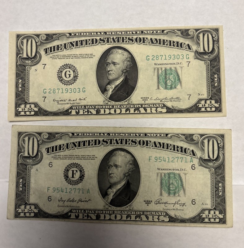 $10 Dollar Bill 1950 (2)-1 lightly circulated and 1 uncirculated