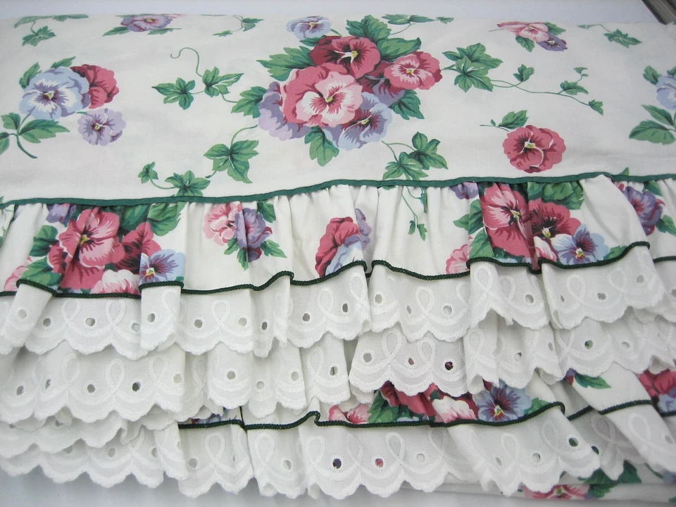 Sábana plana Waverly vintage rosa floral con volantes ojales percal núcleo de cabaña Foto 3 de 4