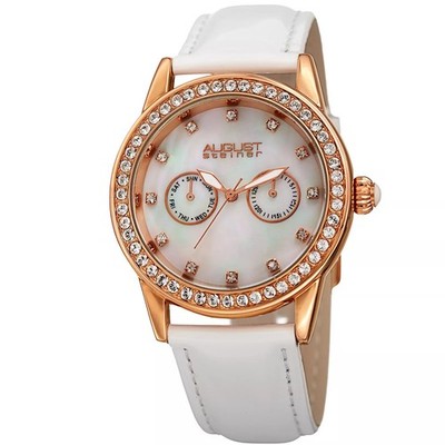 August Steiner AS8234WT Rose Day Date MOP Dial White Leather Strap Womens Watch