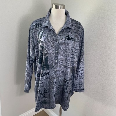 Ali Miles Womens Plus 2X Graphic Print Button Up Tunic Top Lagenlook Shirt