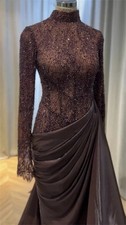 Custom Luxury Dark Chocolate EveningGown LongSleeve High Neck Dubai Heavy Beaded