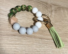 Beaded Bracelet Key Chain with Green Tassel, Wood Beads, Boho Style, Trendy