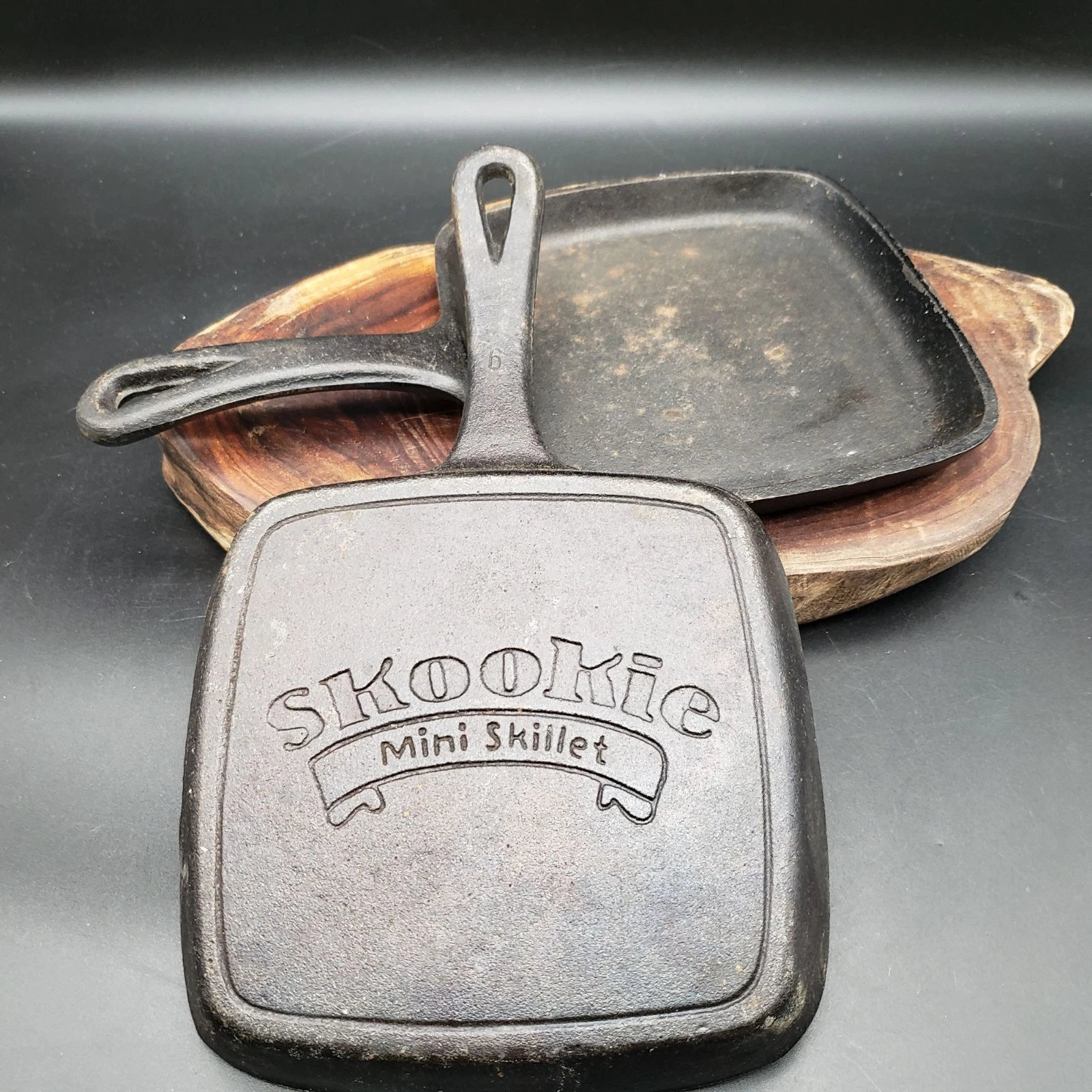 Vintage Skookie Cast Iron Mini Skillet Set of 2 Square Cookie Dessert Pans 6"