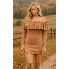 Olivaceous cable knit off shoulder sweater dress brown Size Small Fall Festive