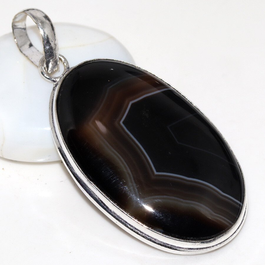 Banded Black Onyx 925 Silver Gemstone Pendant 2.3