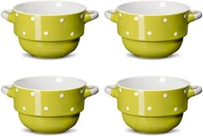 Soup Bowls with Handles - Ceramic - Polka Dot Green - 16 Ounce - Set of 4