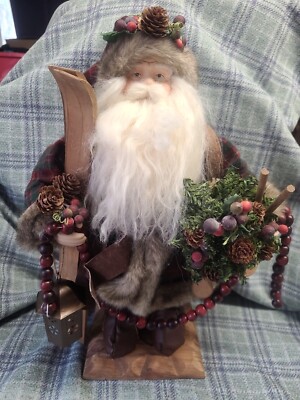 16'' Wooden Carved Porcelain Santa Ski Tree Lantern decorative detailed