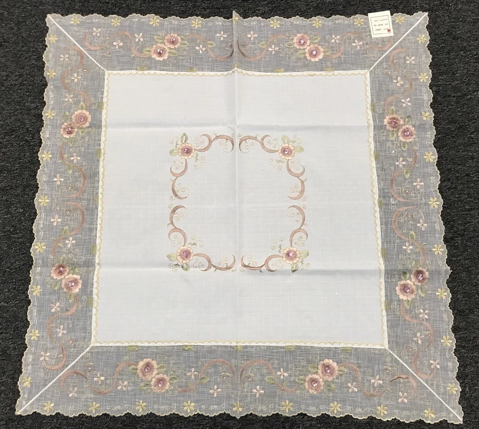 White Embroidery Pink Jeweled Rhine stone 33x33" Square Embroidered Tablecloth - Image 2 of 4