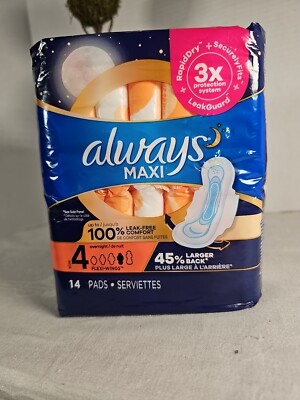 always Maxi Pads Size 4 Overnight Up To 100% Leak Free Comfort (1 pack