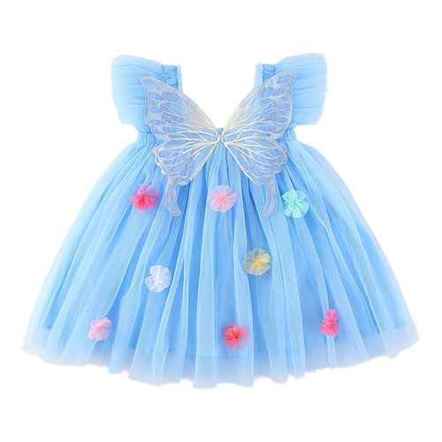 Baby Girl Summer Tulle Dress Fly Sleeves with 3D Embroidered Flowers Sundress - Picture 29 of 66