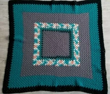 Vintage Hand Made Teal Black Grey Afghan Square Lap Blanket Throw 39" x 39"