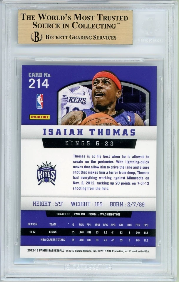 POP 1: Isaiah Thomas RC BGS 9.5: 2012-13 Panini Rookie Gisto True Gem Mint #214 - Image 2 of 4