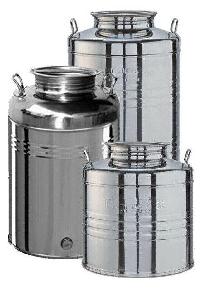 CONTENITORE FUSTO BIDONE RECIPIENTE VUOTO PER OLIO ACCIAIO INOX 20/50/100 LITRI