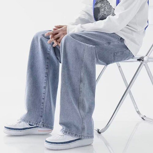 Pantalone uomo pantalone dritto largo uomo jeans neutro primavera gamba larga - Picture 12 of 18