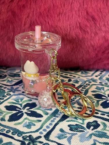 NEW Clear Pink Kitty Cat Cup Gold Tone Hardware Glitter Keychain 2" - Picture 7 of 8