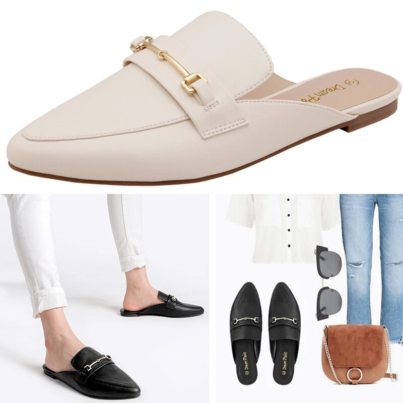 Women s Flat Mules Buckle Pointed Toe Backless Slip on Slides Loafer Size 5 11
