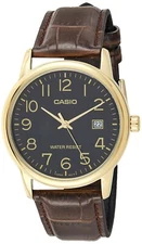 Casio MTP-V002GL-1B Men's Standard Gold Tone Leather Band Black Dial Date Watch