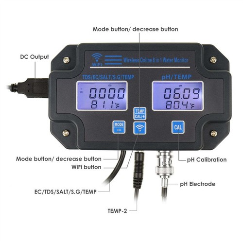 Smart Water Quality Tester PH TDS EC Salinity S.G. Temp Bluetooth WIFI APP Meter - Picture 4 of 7