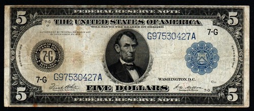 ¡Billete de la Reserva Federal del Distrito de Chicago de 1914 de $5 tamaño grande! MUY BIEN