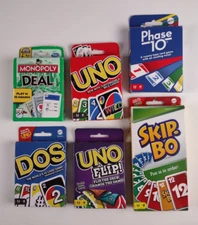 Lot of 6 Games Travel USED ONCE - MONOPOLY DEAL, UNO FLIP, DOS, SKIP-BO PHASE 10
