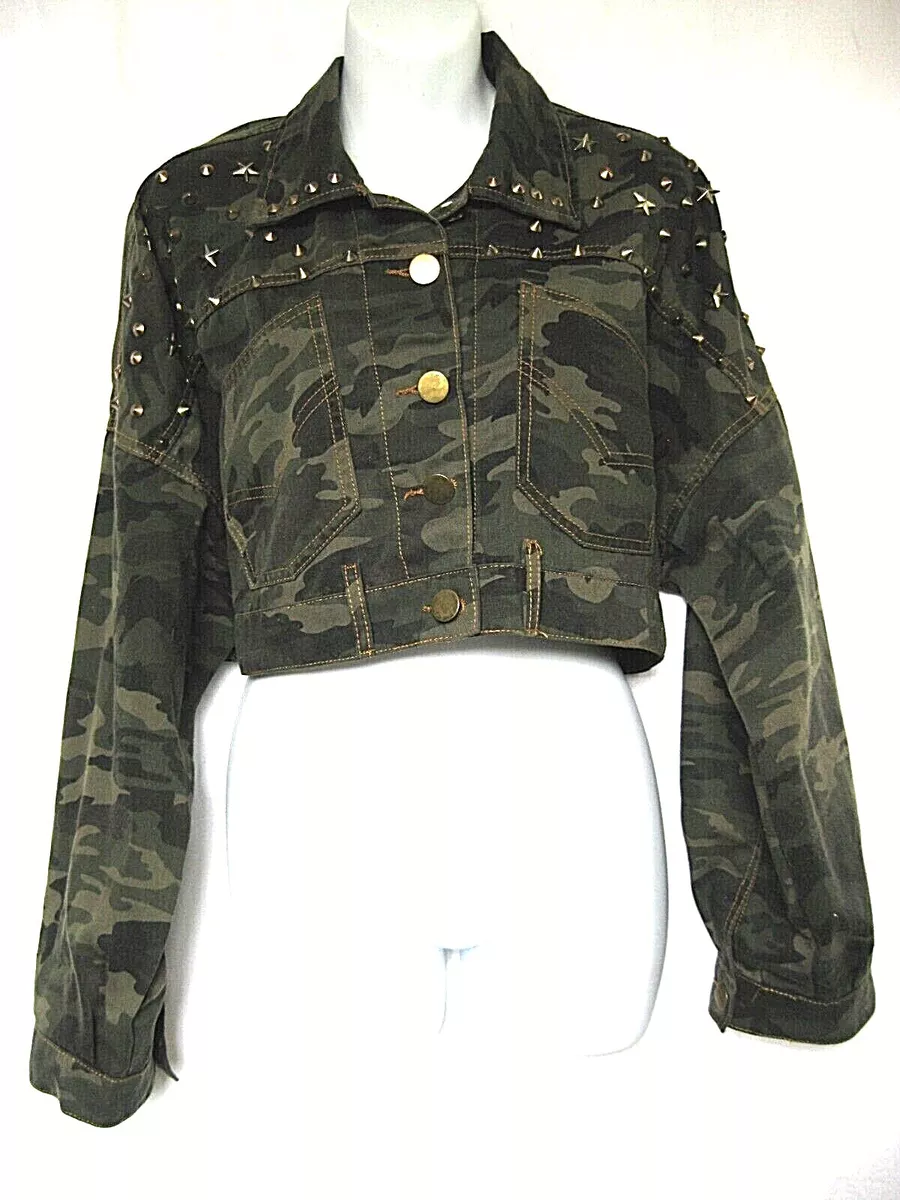 Cute Collared Funky Camouflaged Oversized Crop Denim Jean Spiked