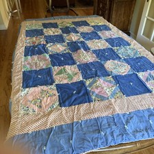 Vtg Patchwork Quilt Coverlet 55" X 74 1/2" Blue Pink Farmhouse Cottage