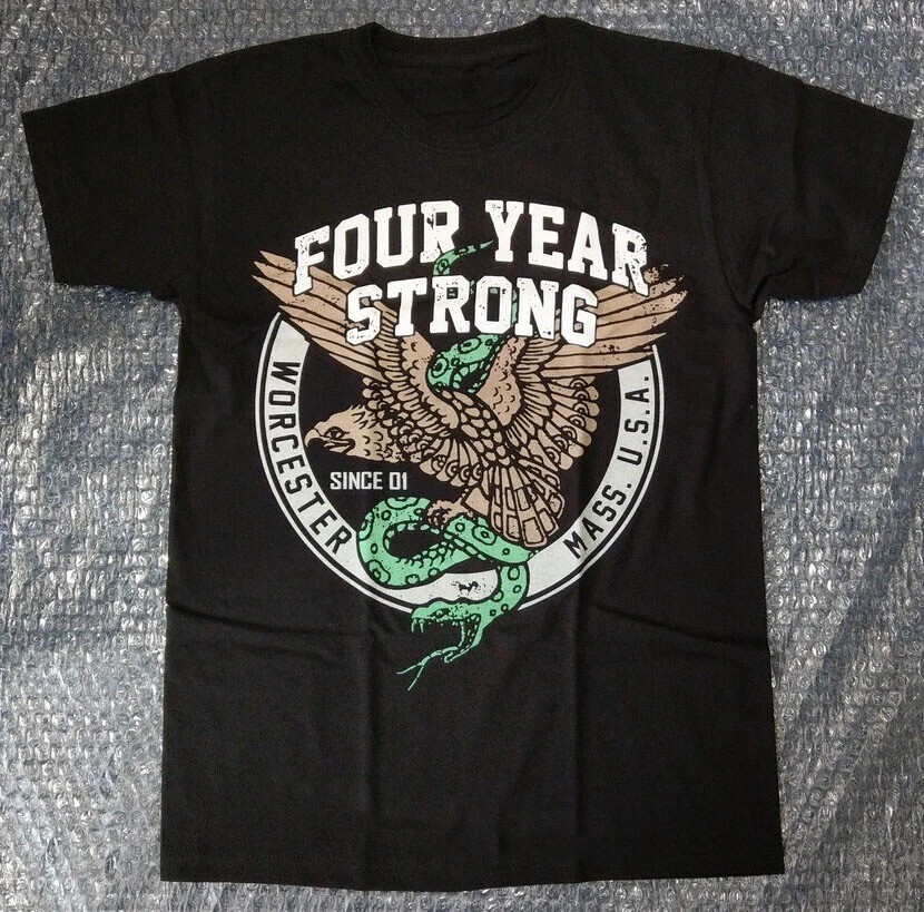 Vintage Four Year Strong Band Black Cotton Shirt with Eagle and Snake Design