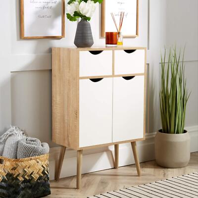 Sideboard Aufbewahrungsschrank 2-türig 2 Schubladen Schrank Massivholz Beine Scandi