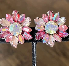 Vintage Pink Aurora Borealis Tutti Fruiti Rhinestone Regency Earrings Flowers