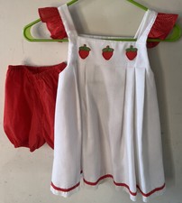 Pinafore Dress-sz 6-Matching Bloomers-STRAWBERRIES-APPLIQUÉ-Flutter Sleeves-lace
