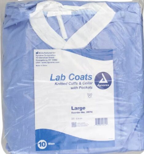 Dynarex Large Disposable Lab Coats, Knitted Cuffs, Collar, & Pockets- Pkg-10