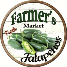 Farmers Market Fresh Jalapenos 12" Round Metal Sign Rustic Retro Kitchen Decor