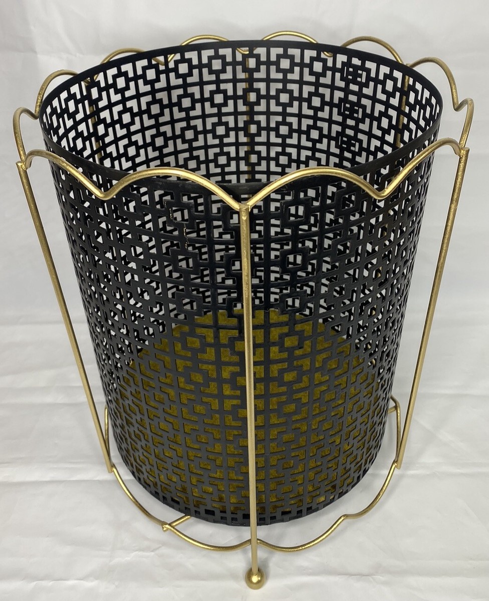 MCM Wastebasket Trash Can 3 PCs. Black Metal- Gold Frame 14
