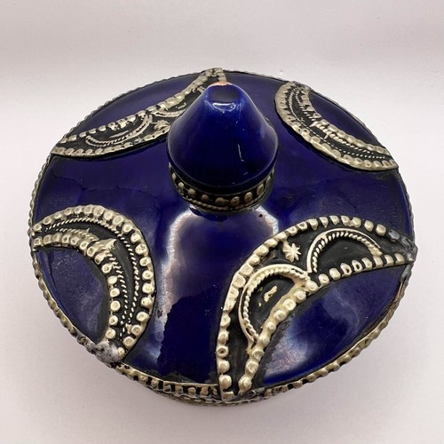 Vintage Antique Art Pottery Hand Etched Silver Cobalt Glaze Vanity Trinket Box - Picture 6 of 8