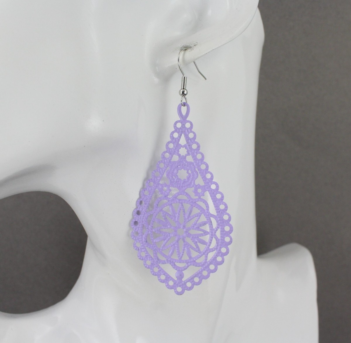 Purple big earrings filigree oval teardrop 1/8