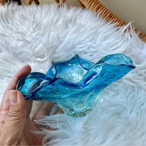 Vintage Murano Candy Dish Hand Blown Bubble Glass Pinched Edge Vase Ashtray