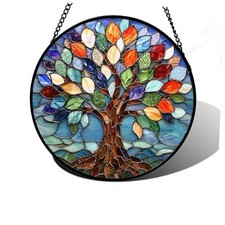 Stained Glass Window Hanging Tree of Life Sun Catchers 6.3x6.3 IN Colorful