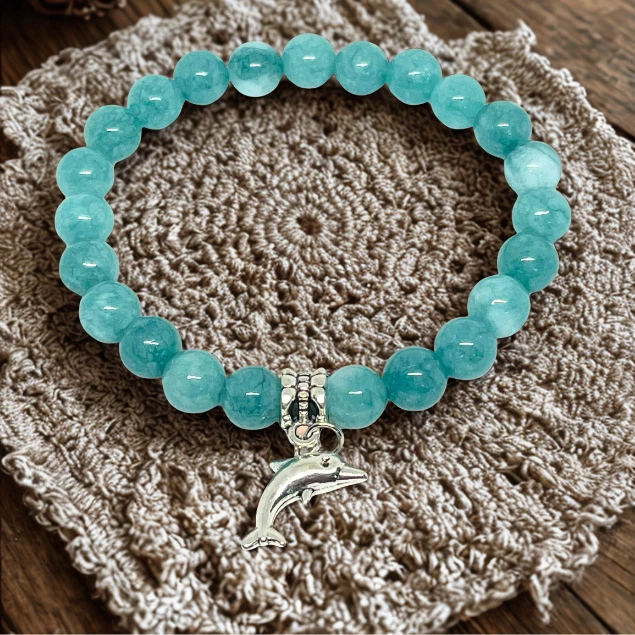 Natural Blue Larimar Gemstone Charm Beaded Bracelet 8mm Stretchy Healing Jewelry - Image 2 of 4