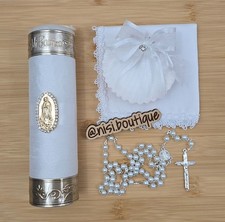 Baptism Candle Set, Christening 4 PC Set, White Color, Handmade Vela de Bautizo