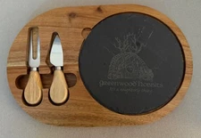 Engraved Wood and Slate Round Meat and Cheese Serving Board with Tools