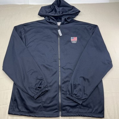 Team USA Hooded Jacket Men XL Navy Full Zip Olympic Rings Embroidered Made USA