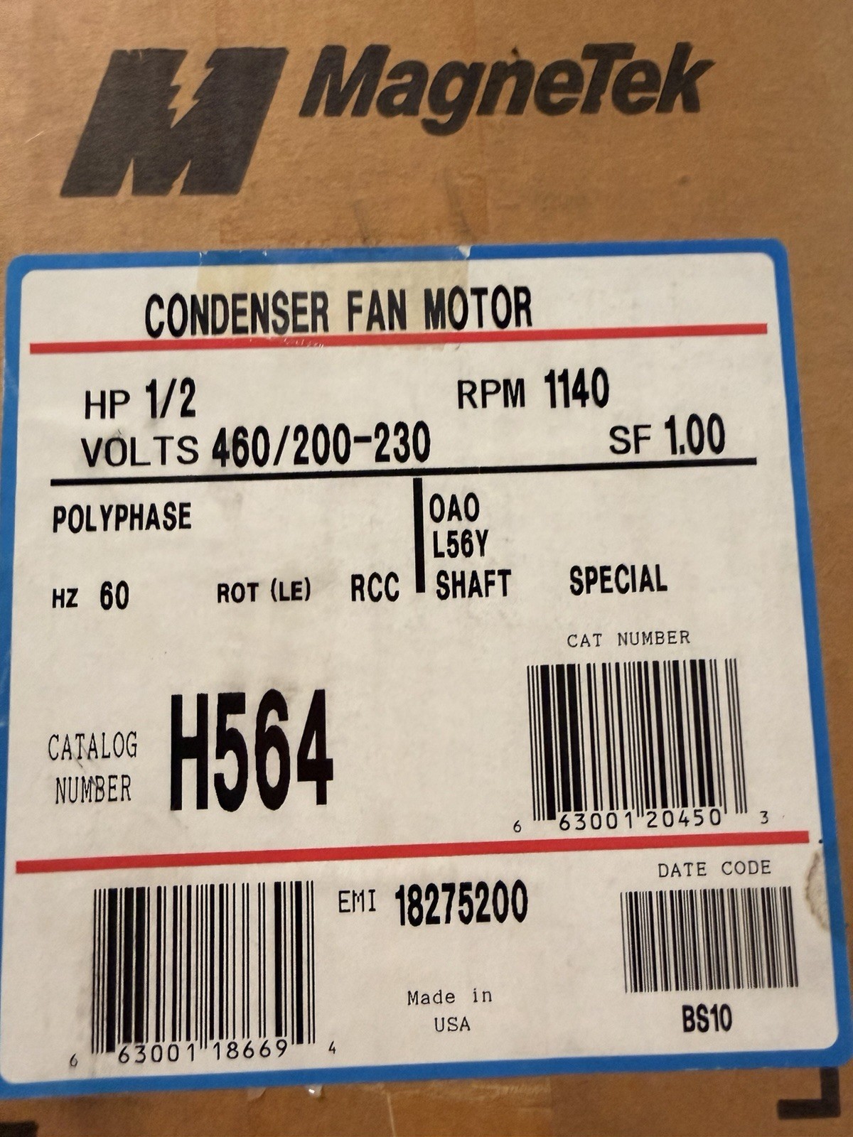 Century H564 Condenser Fan Motor 1/2HP 1140RPM 200-230/460V 3PH