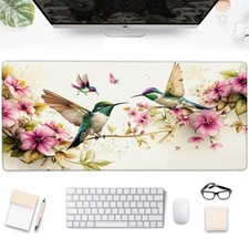 Desk Pad, Pink Flowers and Colorful Hummingbird Large Gaming Mouse Pad,Desk M...