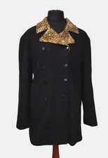 Vintage Leana Black Mid Double Breasted Pea Coat Leopard Print Collar UK 14