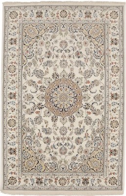 Extra Fine Hand-Knotted Indo-Nain Oriental Rug Large Cream Floral Carpet 6X9 ft