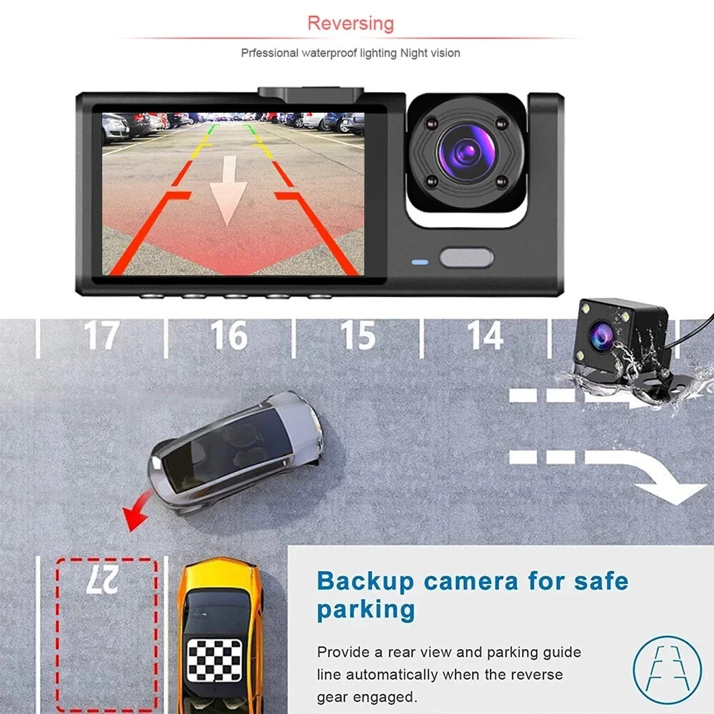 Dashcam per Auto Telecamera Full HD Dvr Car Video Camera 1080p Retromarcia 3 Cam - Miniatura 7