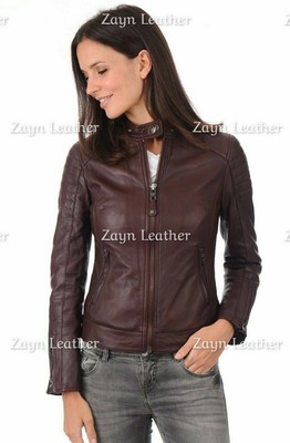 Damen 100% echtes weiches Lammleder Echtleder Motorrad Slim Fit Bikerjacke