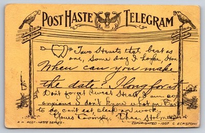 Antique Postcard Post Haste Telegram Love Note Message USA Posted 1907