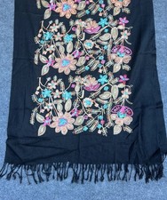 Large Unbranded Womens Rectangular Scarf Black Multi Color Floral Embroidery.
